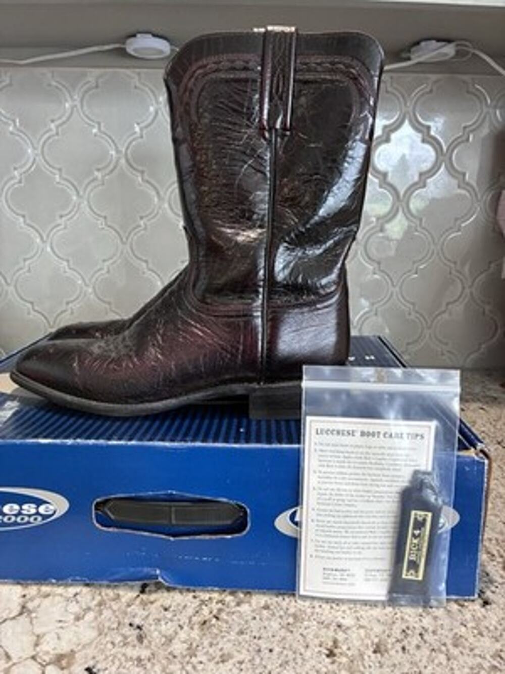 Vtg Lucchese 2000 Men's 10.5 D Black Cherry Smooth Ostrich Cowboy Roper Boots